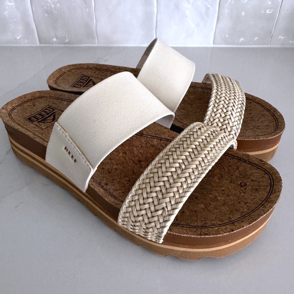 Reef Cushion Vista Hi Sandals Women 6 Cream Woven Cork Platform Slide Wedge